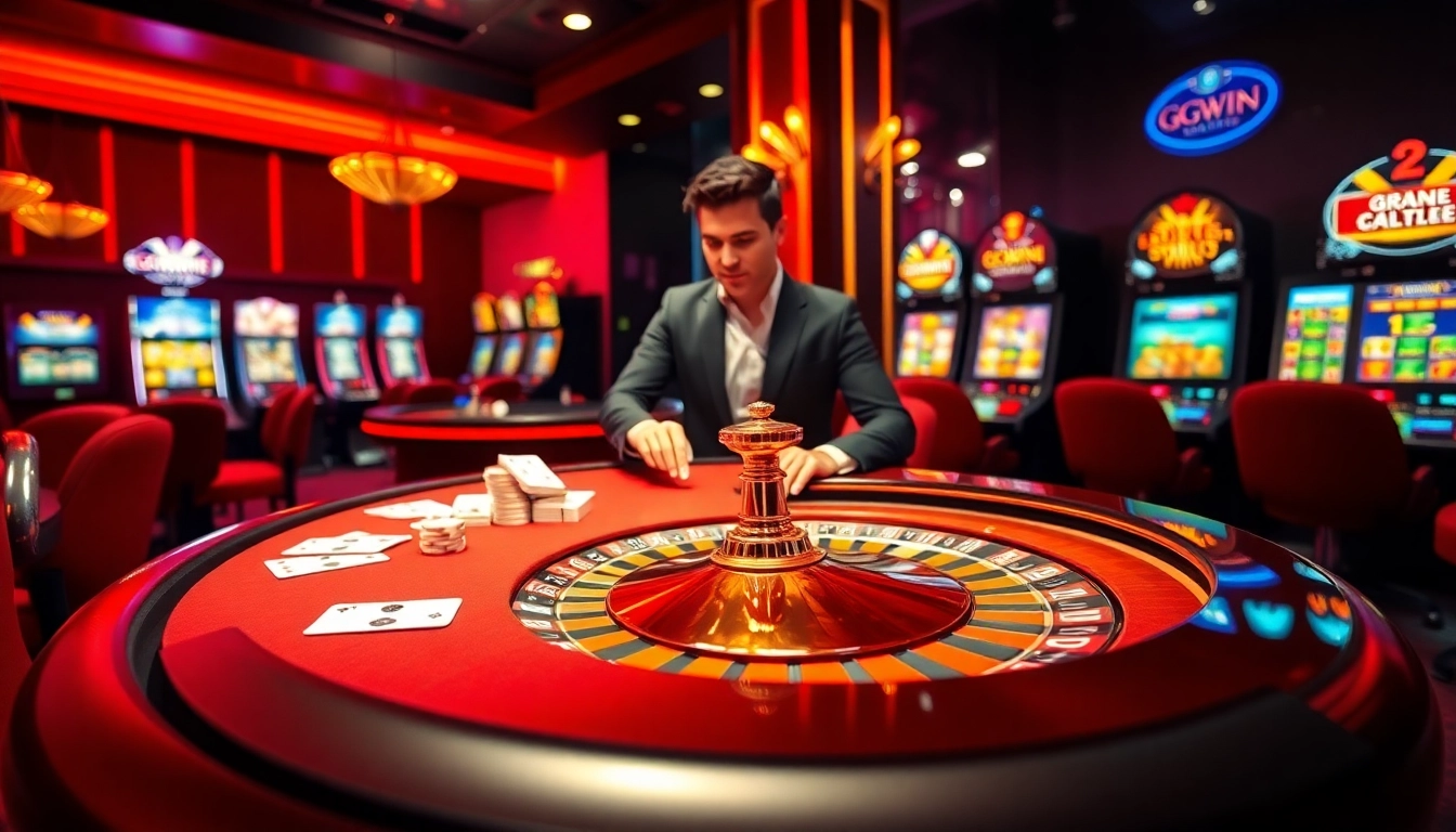 Experience the excitement of GGWIN with luxurious casino tables and vibrant slot machines.