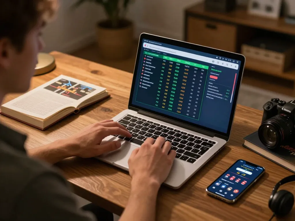 Engaged bettor using TOPBET app on laptop while accessing odds and strategies