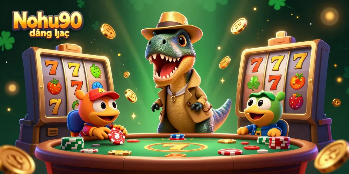 Nohu90 đăng nhập: an animated velociraptor at a jackpot slot machine scene with thrilling casino elements.