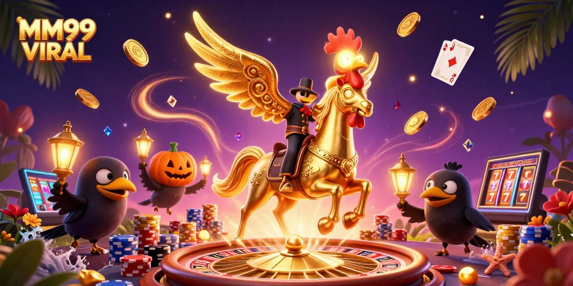 Experience the fun at MM99 VIRAL with a golden rooster in a thrilling midnight casino scene.