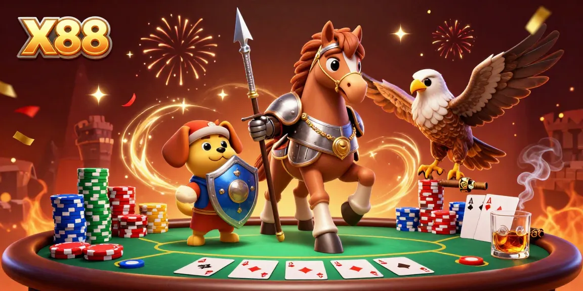 X88 invites players to enjoy card games with unique characters amidst vibrant casino elements.