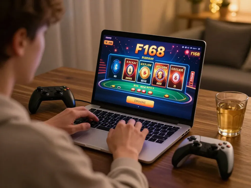 Player engaging with F168 online gaming platform, showcasing poker action in a cozy home environment