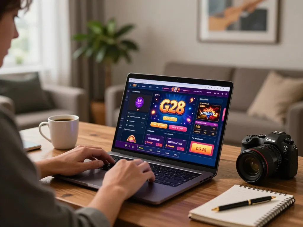 Player engaging in online slots at G28 casino with vibrant graphics and cozy atmosphere.