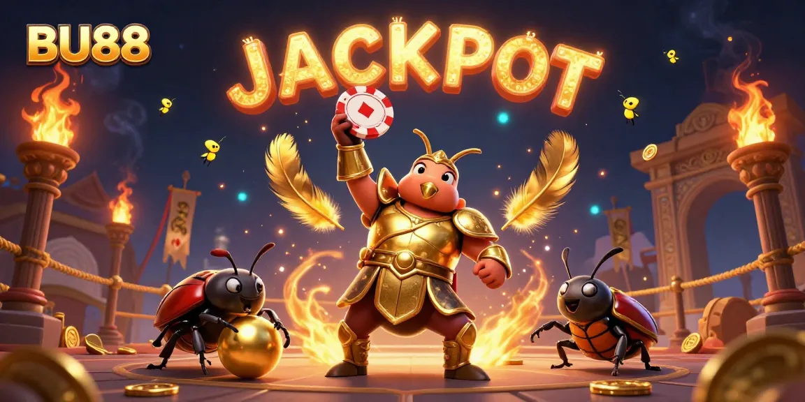 Engage with BU88 as a victorious beetle lifts a poker chip in a dynamic casino scene.