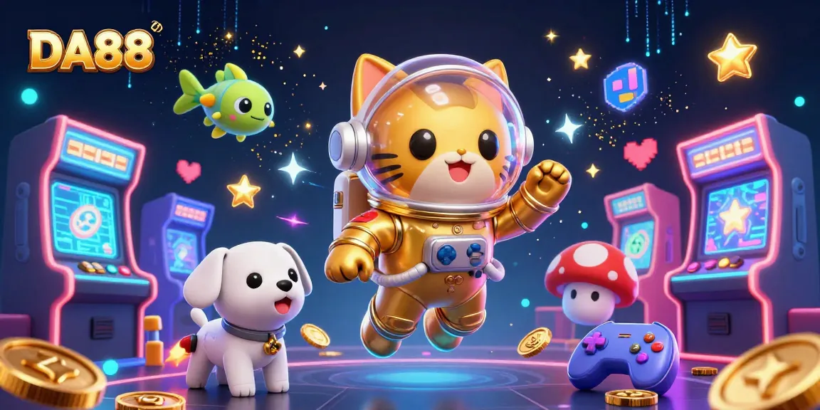 Experience thrilling gaming at DA88 with vibrant 3D illustrations of casino elements and characters.