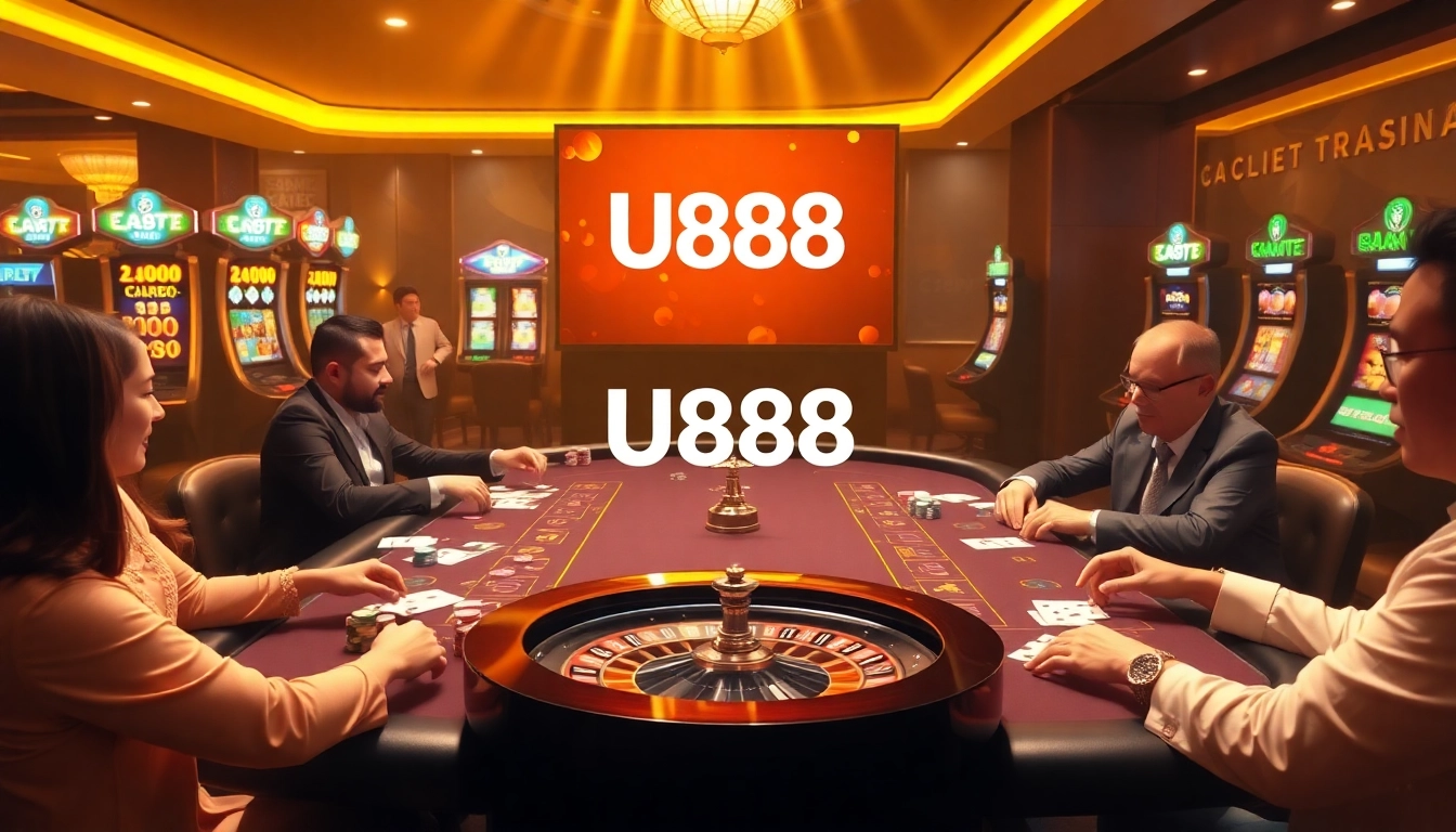 Casino players enjoying poker at a luxurious U888 gaming table with vibrant chips.