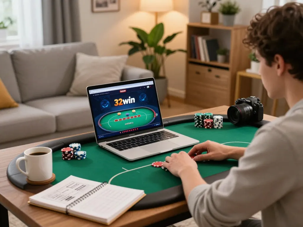 Player engages with online casino gaming at 32win on a laptop, creating a cozy home atmosphere.