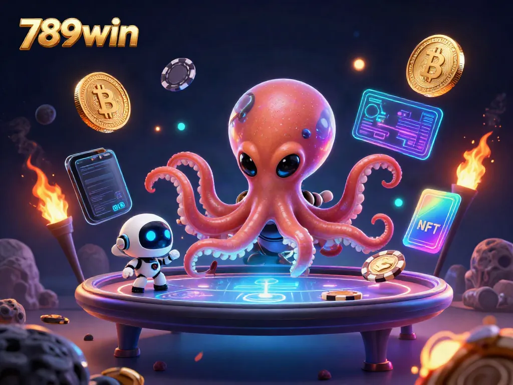 Engaging scene with the 789win alien octopus playing poker amidst crypto coins and vibrant effects.