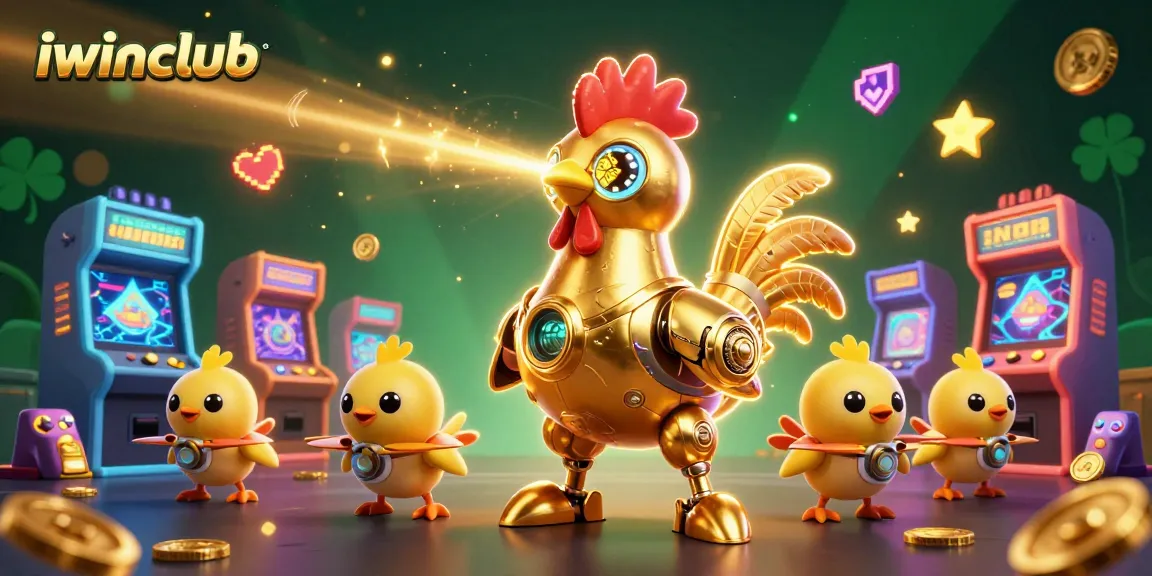 Engage with iwinclub's thrilling games featuring a golden rooster robot in an action-packed casino scene.