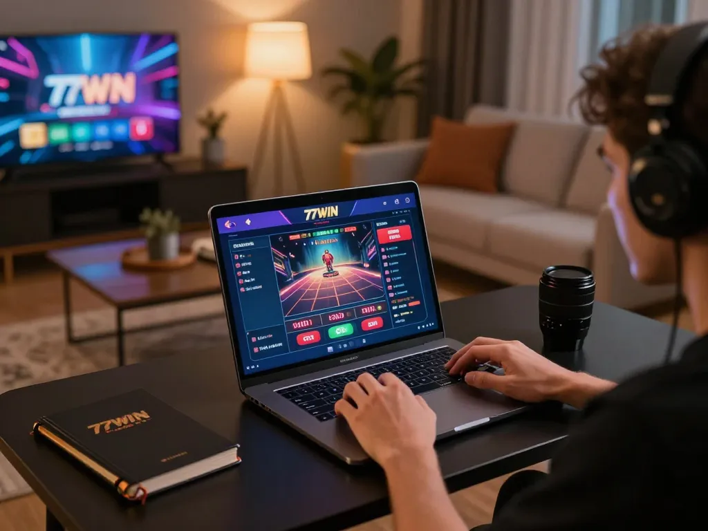 Engaged player using 77WIN online casino on a laptop in a cozy setting, showcasing strategic gameplay.