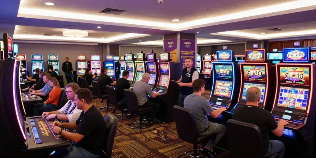 Exciting atmosphere at credit card casinos UK with players at slot machines and tables.