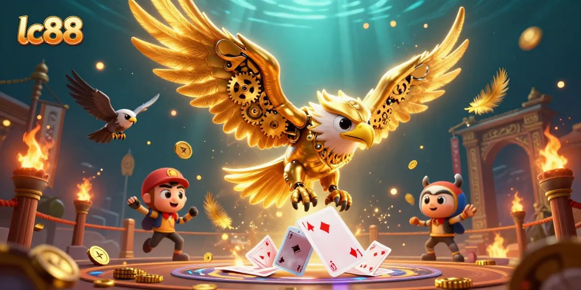 Experience the excitement of lc88 at a vibrant online casino with a flying golden eagle amidst holographic cards.