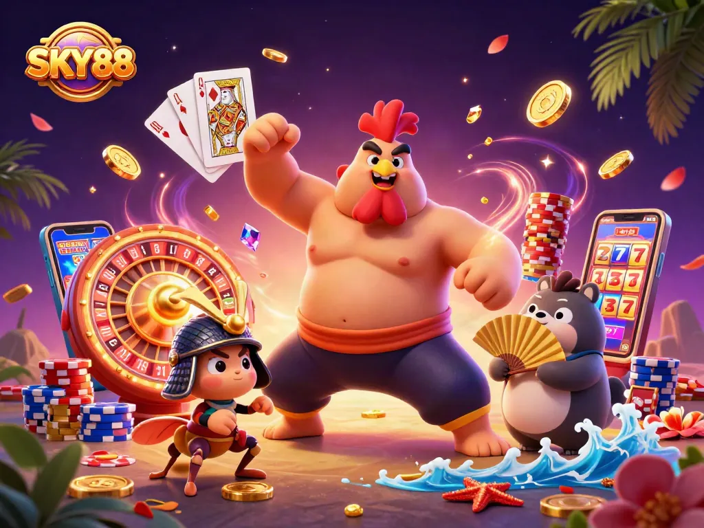 Experience the excitement of SKY88 casino features, with dynamic scenes of gaming action and vibrant characters.