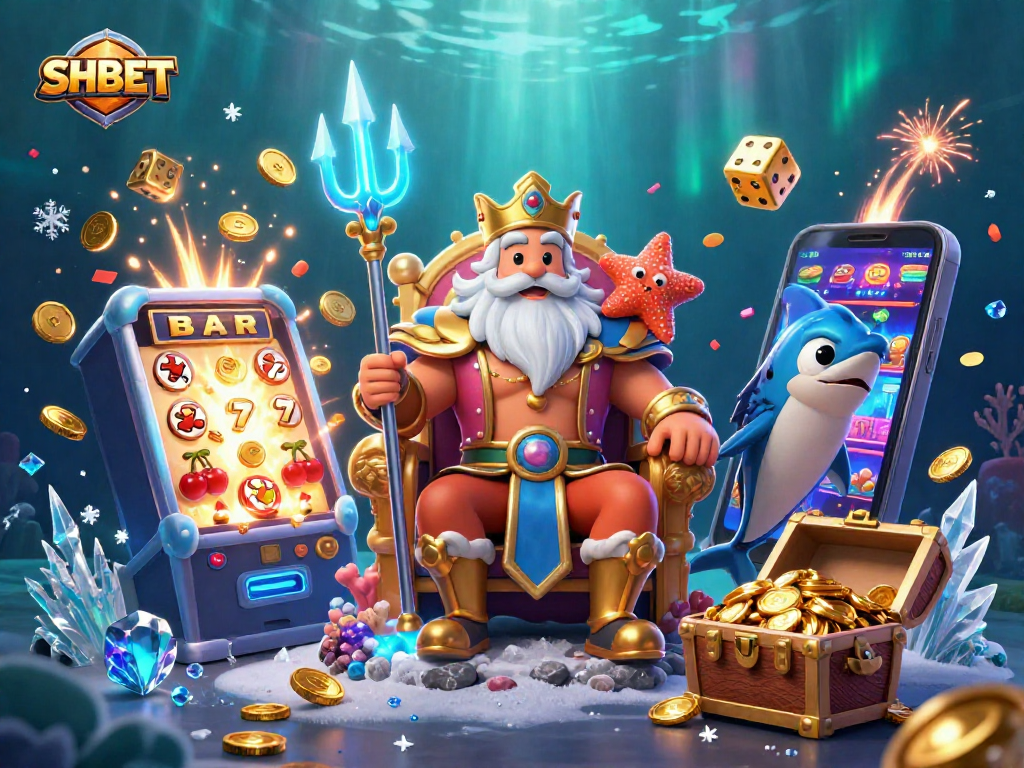 Experience the thrill of gambling at SHBET with vibrant 3D illustration of epic gaming scene.