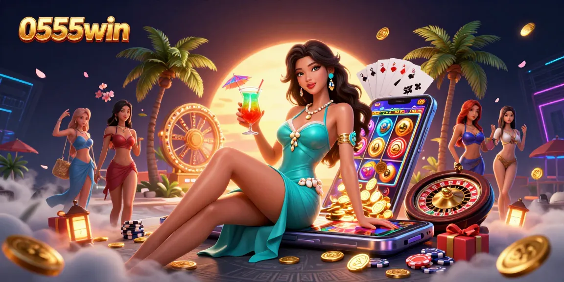 Play exciting casino games at 0555win with a dazzling scene featuring dynamic slots and vibrant characters.