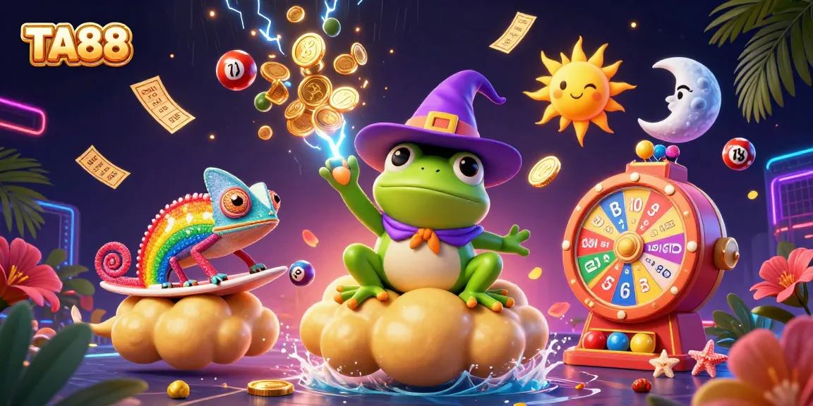 Join the excitement at TA88 with vibrant lottery balls and casino characters in an engaging illustration.