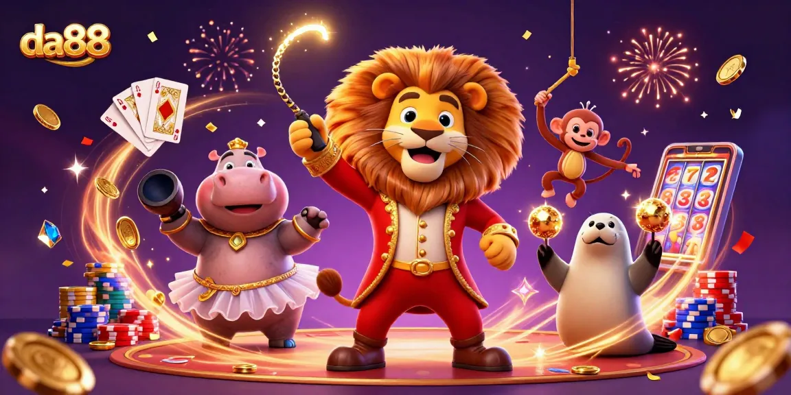 Engage with da88 in a vibrant 3D casino scene featuring a lion, hippo, monkey, and seal.
