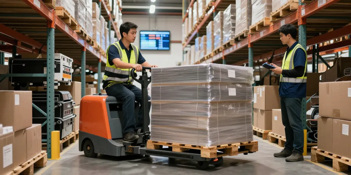 Electric pallet truck effortlessly transporting goods in a busy warehouse.