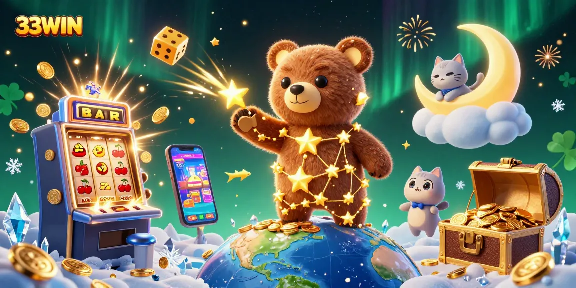 Experience the thrill of 33WIN with a lively casino scene filled with colorful games and festive elements.