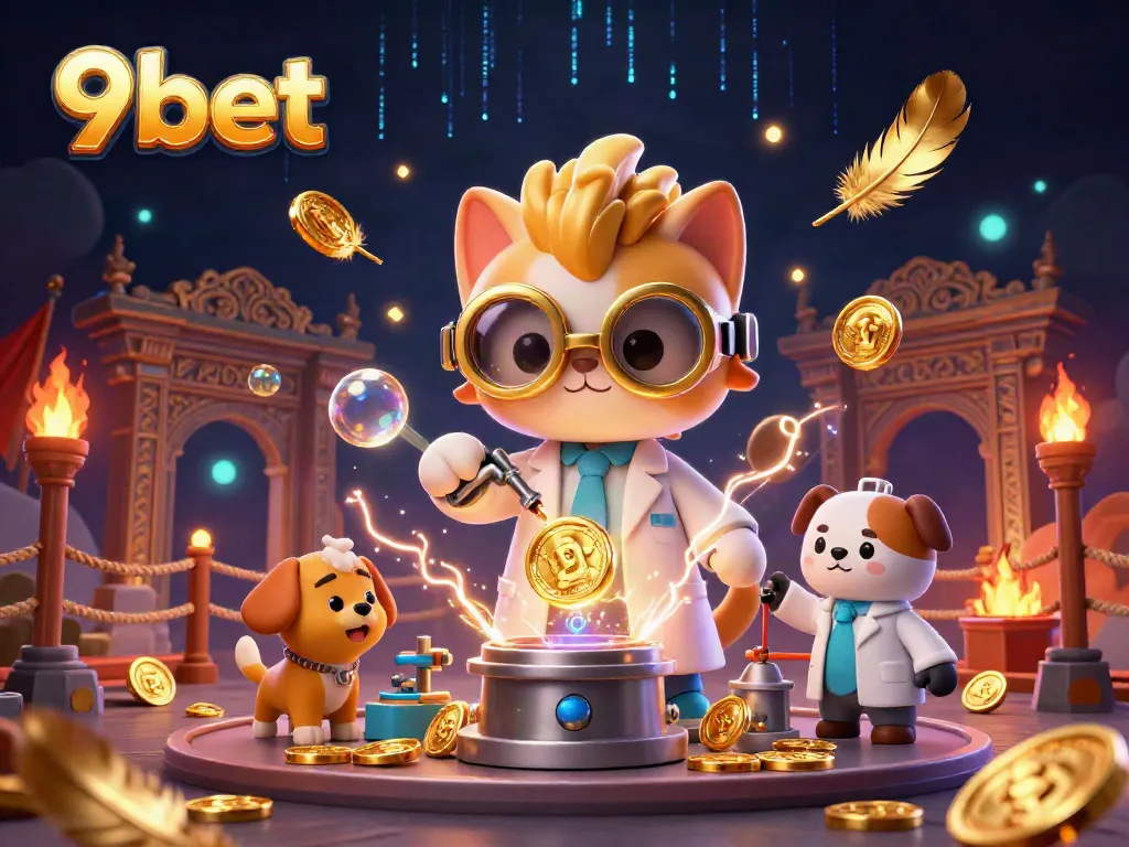 Engage in thrilling action with 9bet's mad scientist cat creating coins amidst a vibrant gambling scene.
