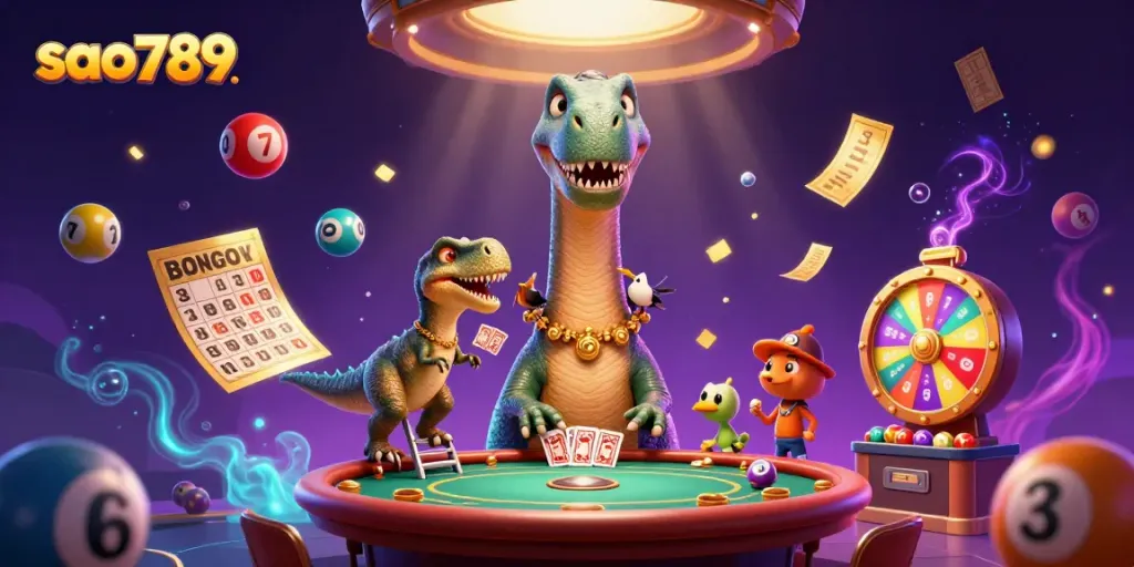 Experience thrilling fun at sao789 with vibrant lottery elements and whimsical characters in a dynamic casino scene.