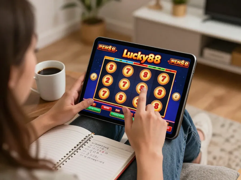 Person enjoying the lucky88 slot gameplay on a tablet in a cozy home setting, focusing on smartphone and strategy notes.