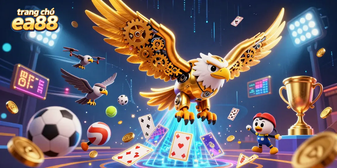 Experience the excitement at trang chủ ea88 with a vibrant 3D casino illustration of a diving golden eagle amidst sports elements.