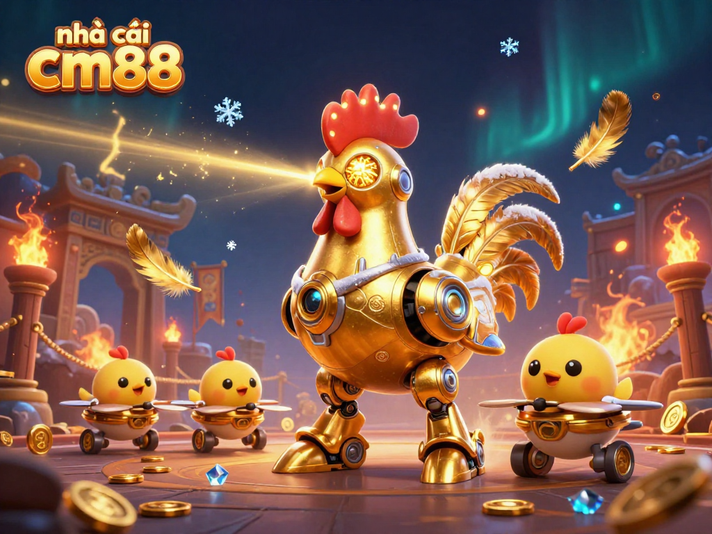 Experience thrilling action at nhà cái cm88 with an ultra-detailed 3D illustration featuring a golden rooster robot and betting tokens.