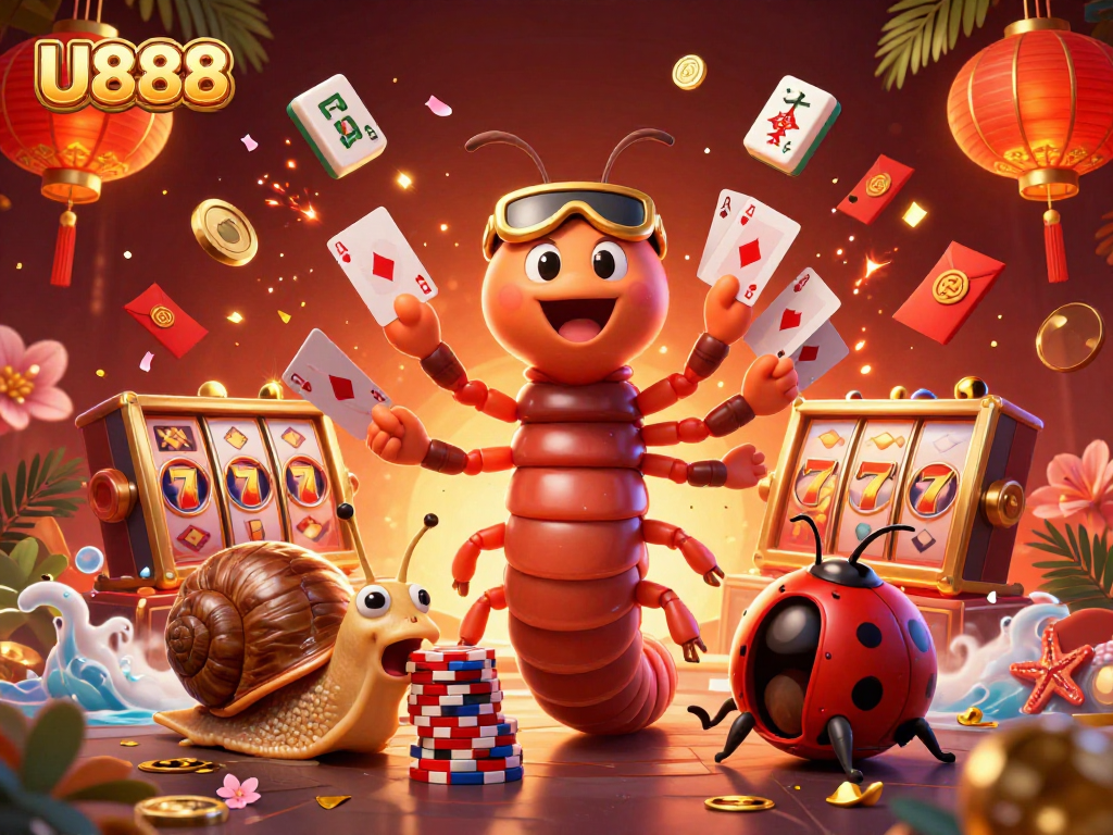 Engage exciting games at U888 with thrilling slot reels, vibrant characters, and festive decorations.