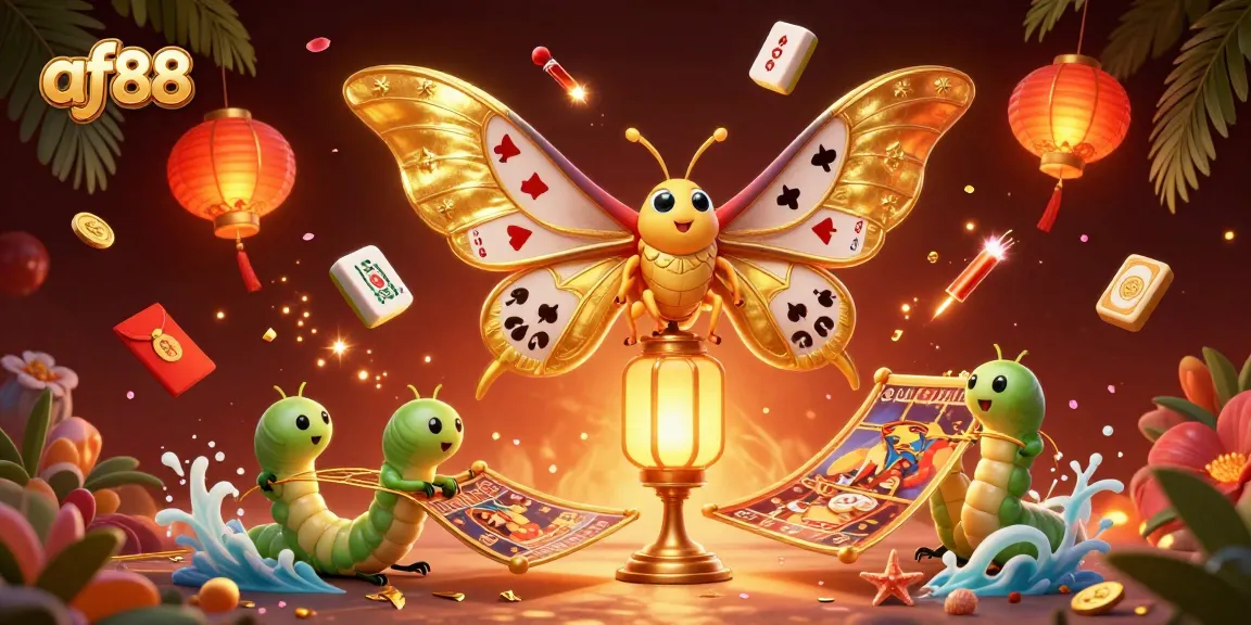 Catch the excitement of af88 with a vibrant casino scene featuring a golden moth, casino symbols, and dynamic elements.