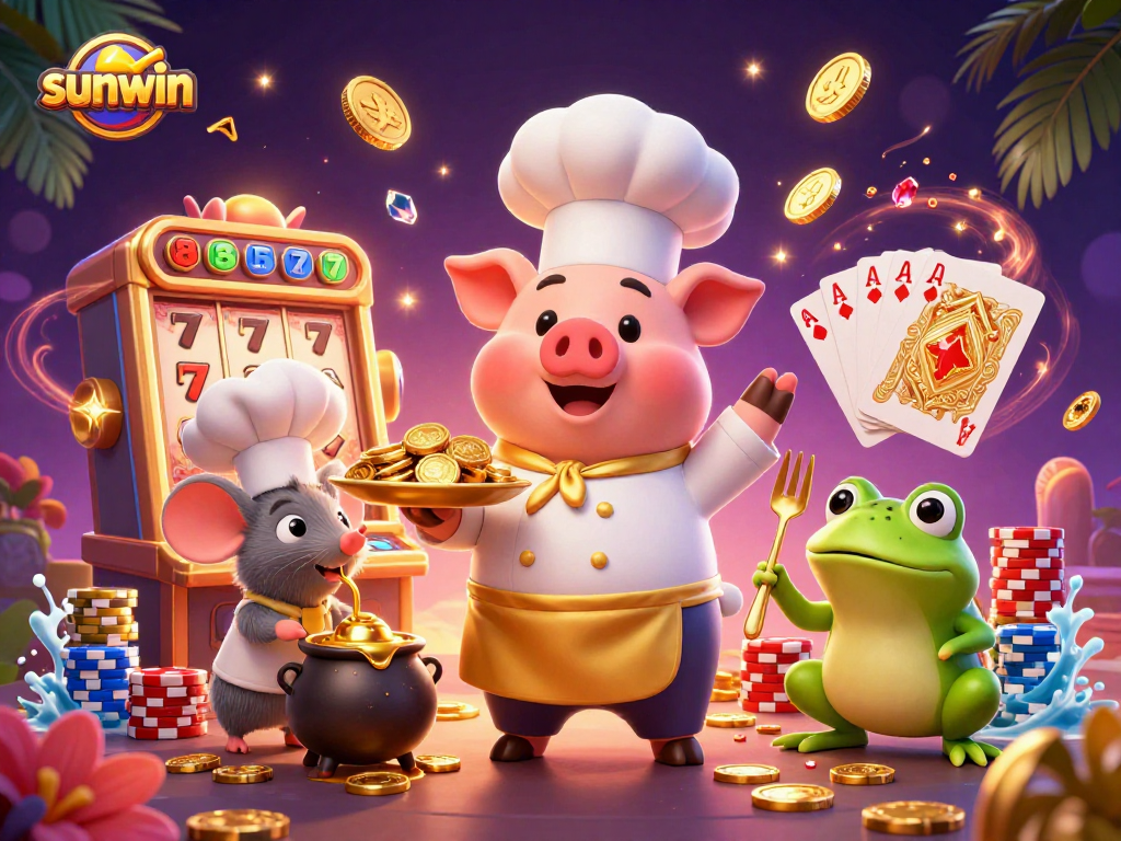 Experience sunwin's vibrant casino scene with gold coins, 3D characters, and colorful game elements.