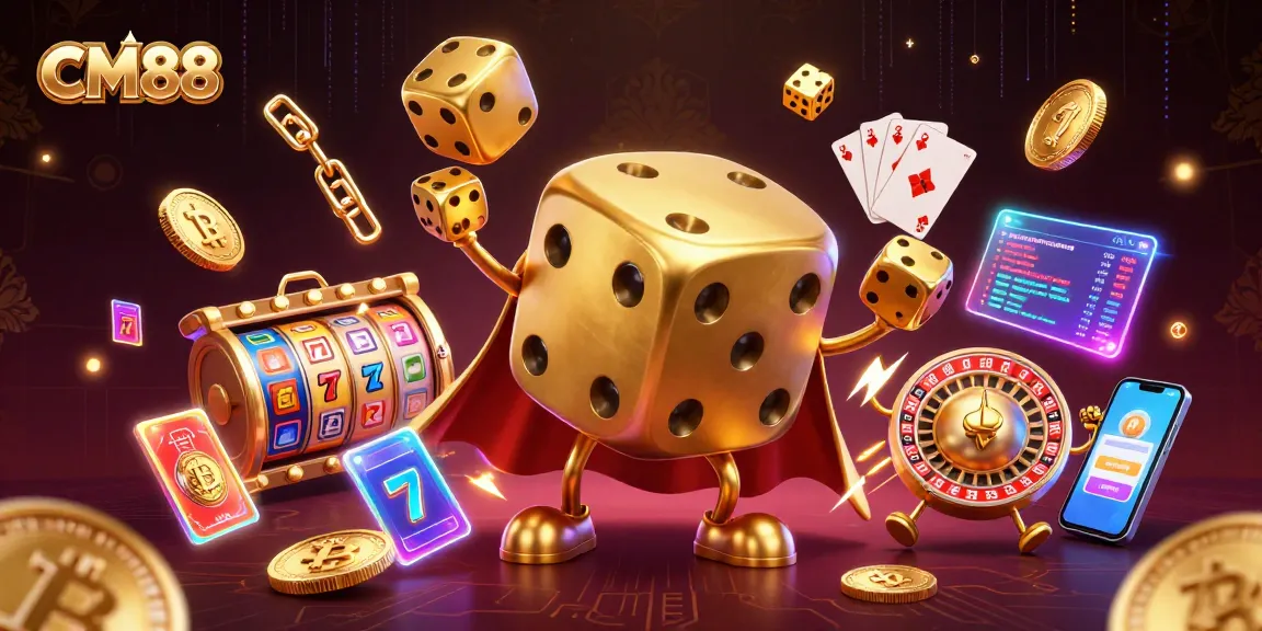 Experience the excitement of CM88 with dynamic golden dice and vibrant slot game elements.