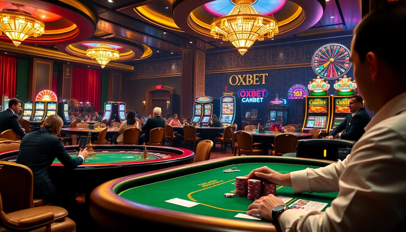 Experience high-stakes gaming with OXBET's vibrant casino atmosphere featuring poker tables and roulette wheels.