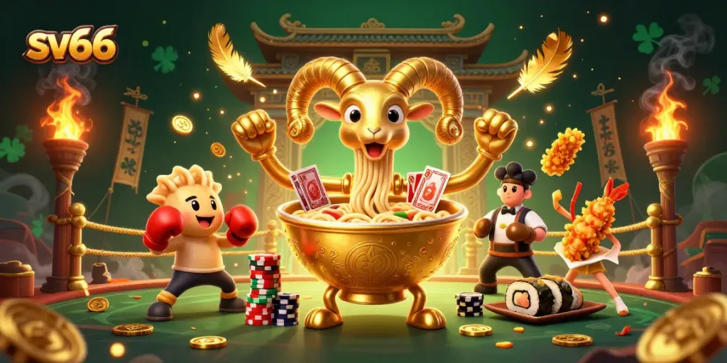 sv66 engages in dynamic online gambling activities with a vibrant casino-themed illustration featuring unique characters.