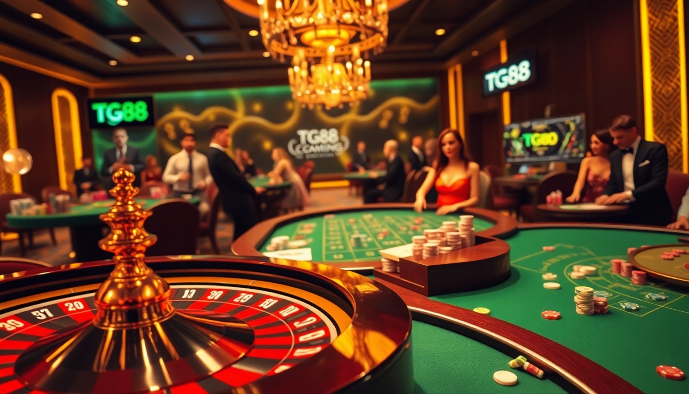 Vibrant casino scene highlighting TG88 poker action with colorful chips and roulette ambiance.