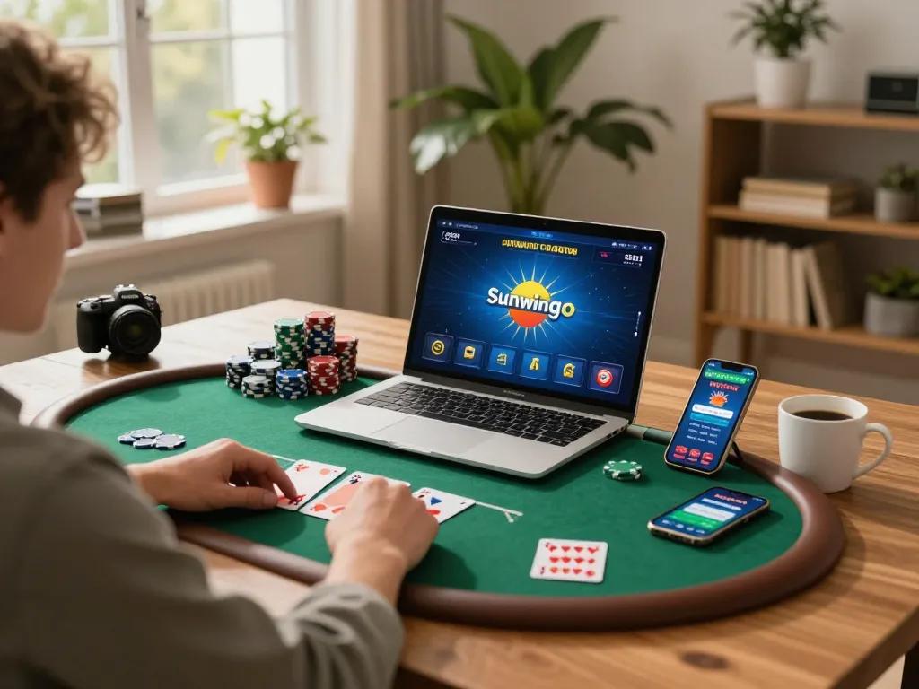 Engaging online poker session on sunwingo app, cozy home setting with strategic gameplay.