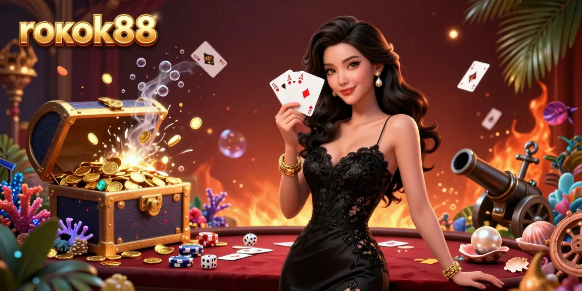 Experience the thrill of rokok88 with elegant casino imagery featuring poker cards and vibrant treasures.