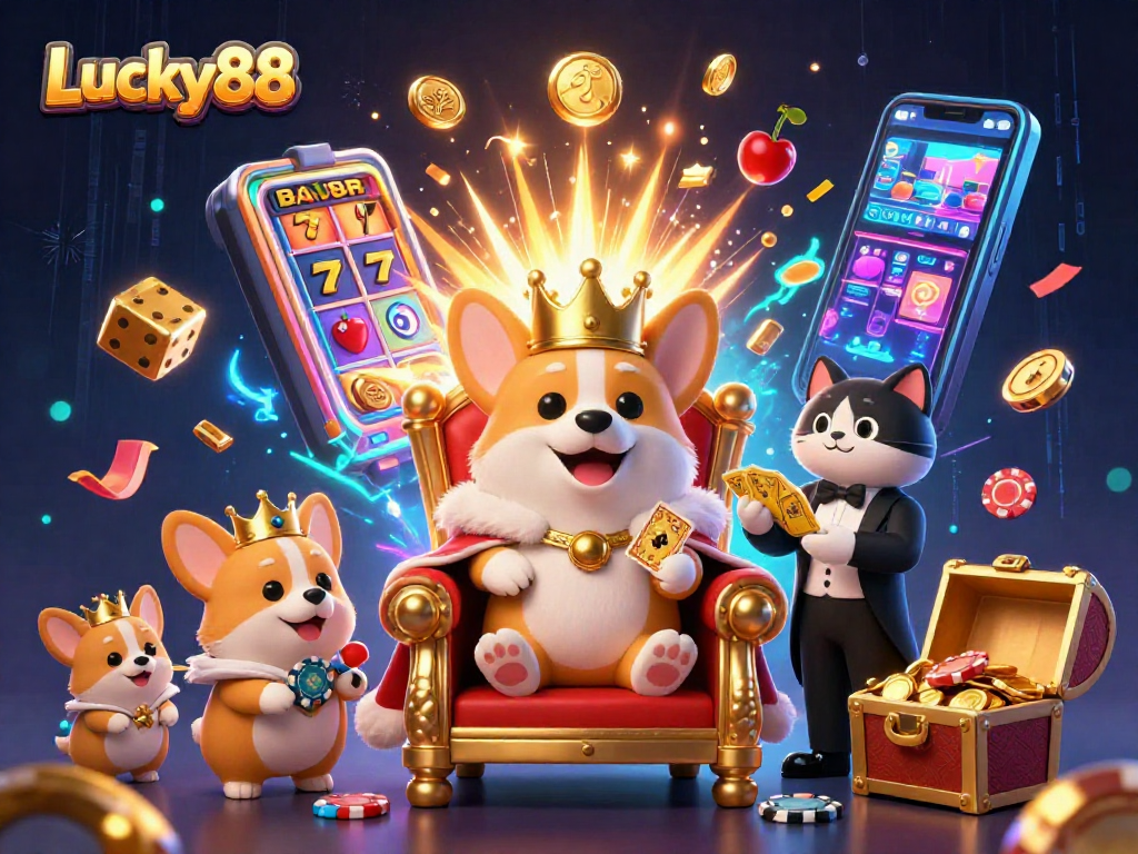 Lucky88 showcases a royal corgi on a poker chip throne amidst jackpot explosions and vibrant casino elements.