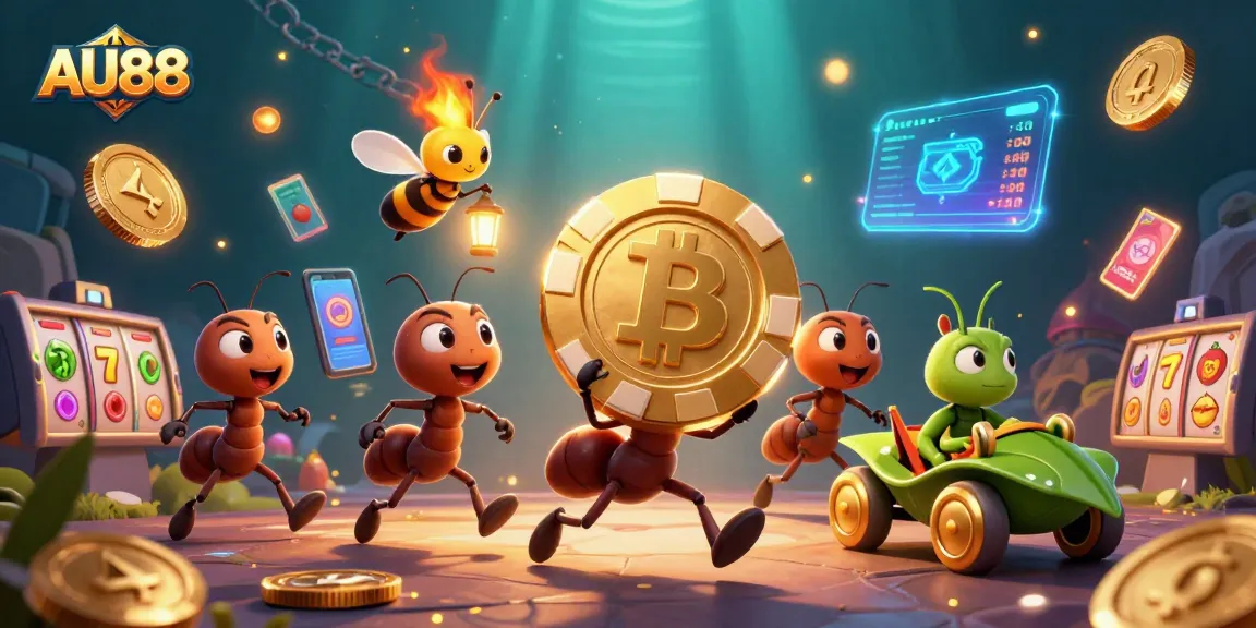 Engage with AU88's thrilling casino scene featuring ants heisting golden poker chips!