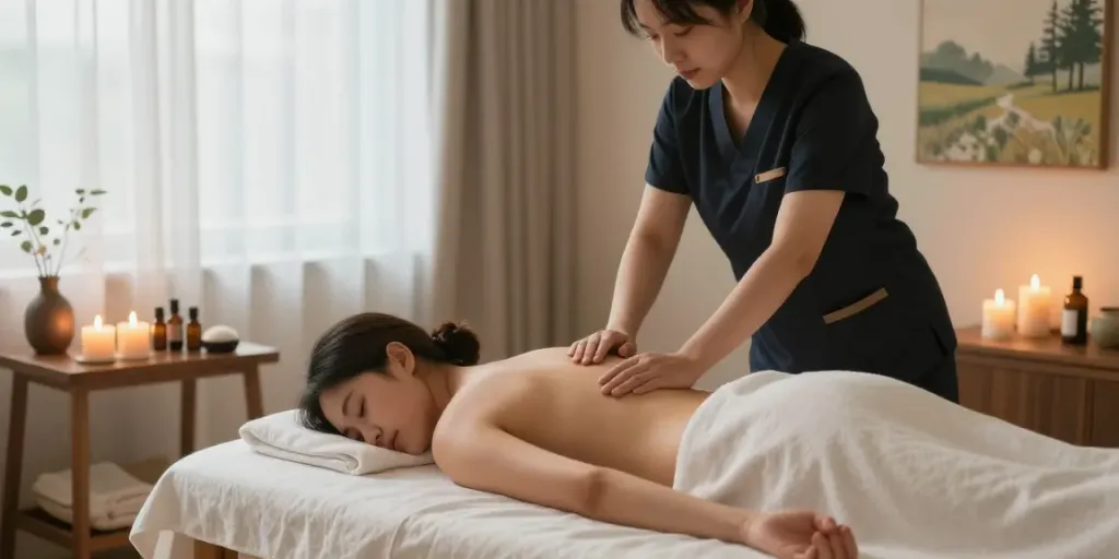 Experience 강동구출장안마 in a serene home massage environment with calming decor and soft lighting.