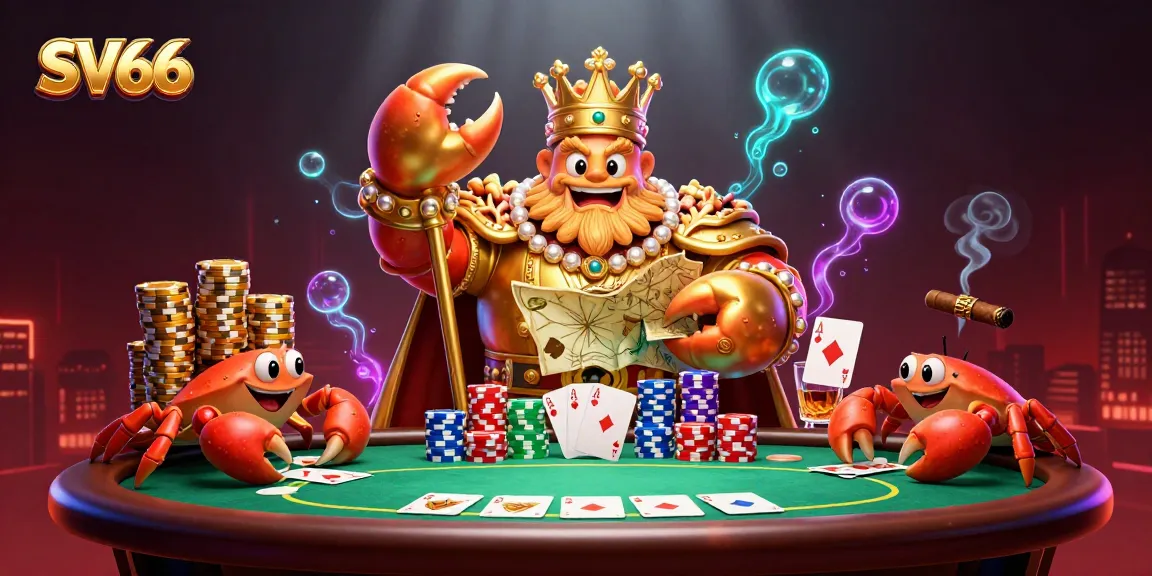 Engage in thrilling poker action with SV66, featuring a golden crab emperor and vibrant game elements.