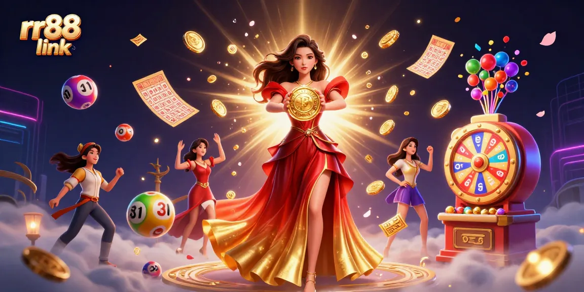 Experience excitement at rr88 link with a captivating illustration of a woman symbolizing winning fortune amid rain of coins and vibrant casino elements.