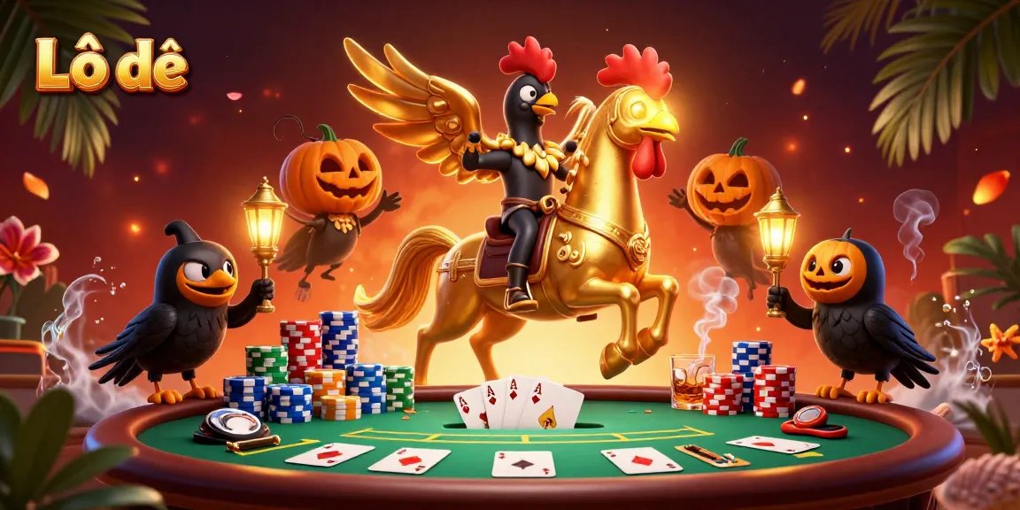 Engage in Lô đề as a golden rooster rides through a vibrant casino scene.