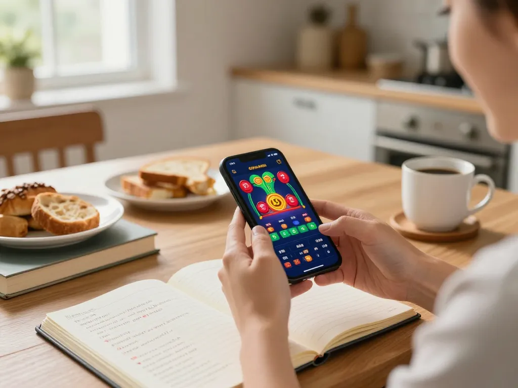 Engaging mobile gaming scene showcasing 33winn casino app on smartphone with player enjoying strategies at breakfast table.