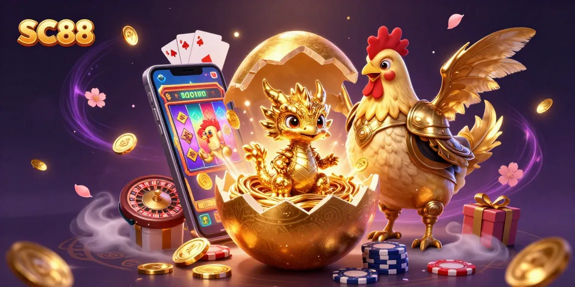 Experience gaming excitement with SC88's baby dragon revealing a treasure of poker chips and slot games.