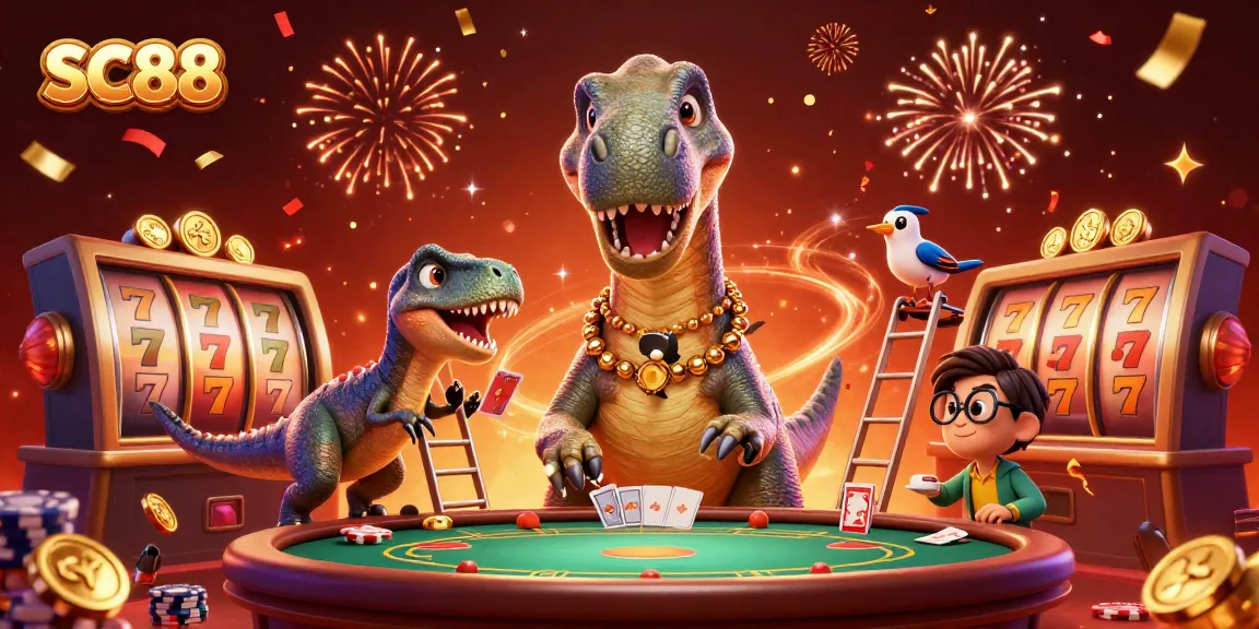Engage with SC88 as a 3D cartoon brontosaurus surveys a vibrant casino scene filled with games and excitement.