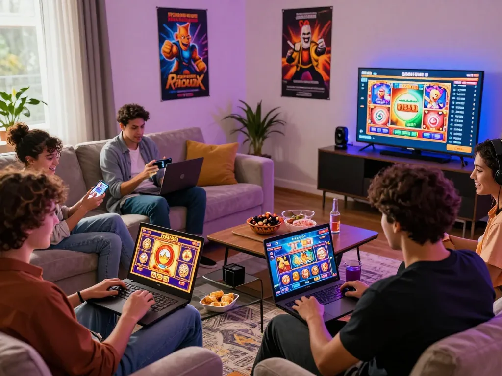 Engaging slot gacor gaming scene with friends celebrating wins in a cozy living room.