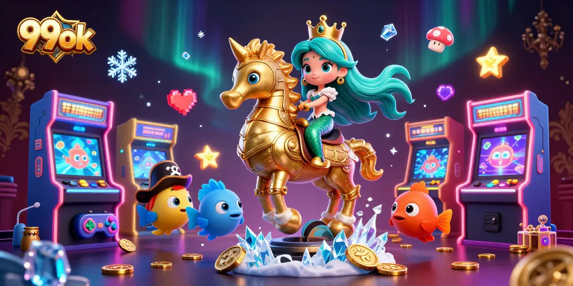 Play with 99ok's vibrant casino elements featuring a mermaid and seahorse in a dynamic gaming scene.