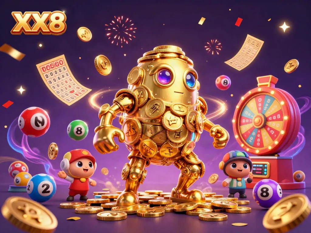 Join the excitement at XX8 with animated gold characters and vibrant casino elements.