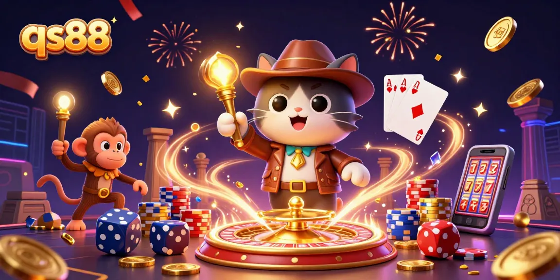 qs88 features a cat archaeologist uncovering casino treasures amid gold coins and roulette wheels.
